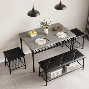 Dining Table Set for 4, Kitchen Table with Two Upholstered Stools and Bench, Modern Industrial Dinette Set with Storage for Dining Room, Kitchen and Dining Room Furniture
