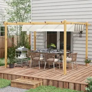 10' x 13' Retractable Pergola Canopy – Cream. Magnetic Safety Locking System. Wood Grain Aluminum Frame. Versatile Use – Grill, Hot Tub or Dining. 8 Stakes + 8 Screws