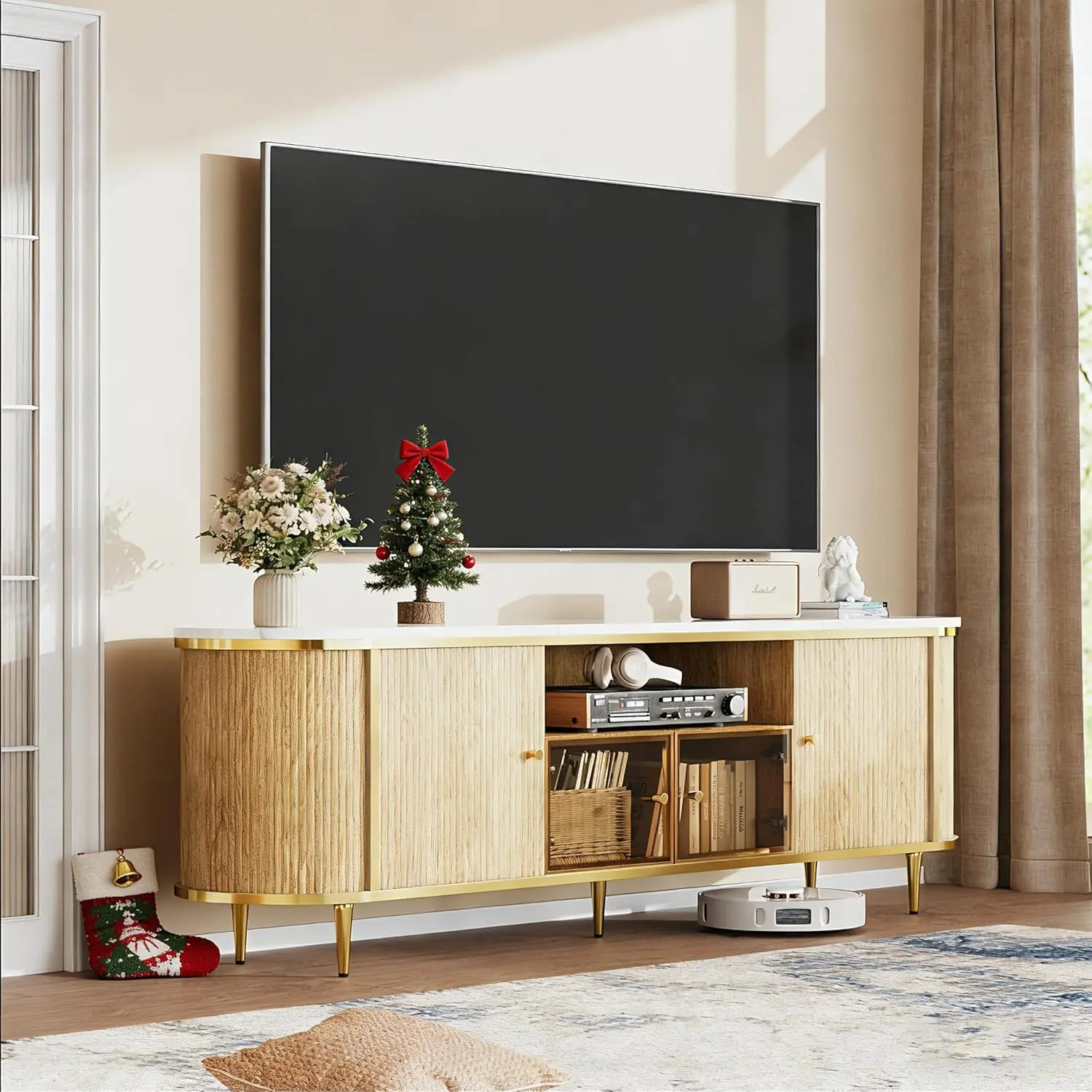 Aoxun Luxury 70" Fluted TV Stand Modern Entertainment Center for TVs Up to 80" TV Console with Faux Marble Tabletop Curved Profile Design Media Console for Living Room bedroom tables nursery Television Console Table Tv Console Cabinet Wooden Tv Stand