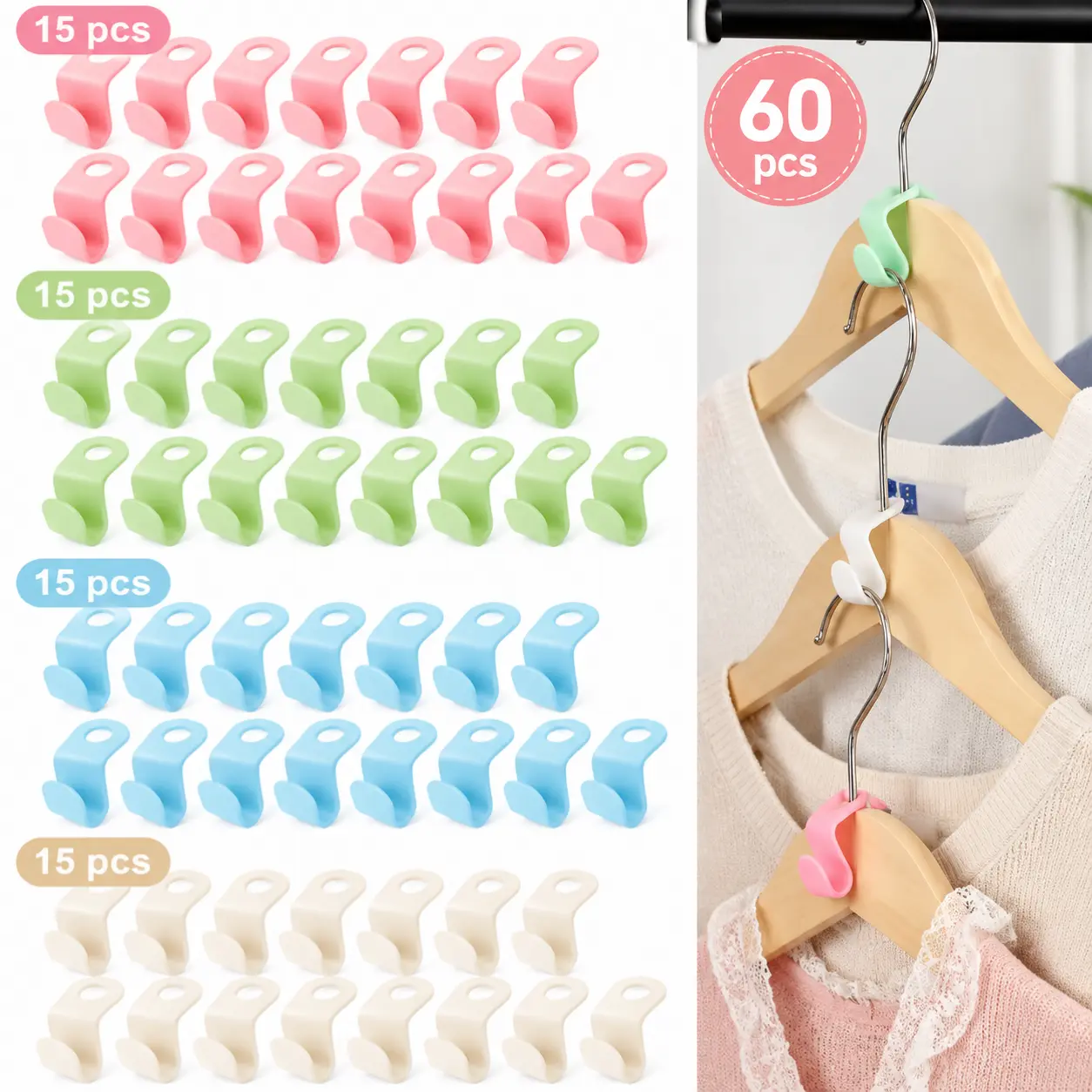 High Load Bearing Hanger Connector Hooks 60 Pack, Space Saving Clothes Hanger Hooks, Wardrobe Closet Storage Organizer, Random Colors