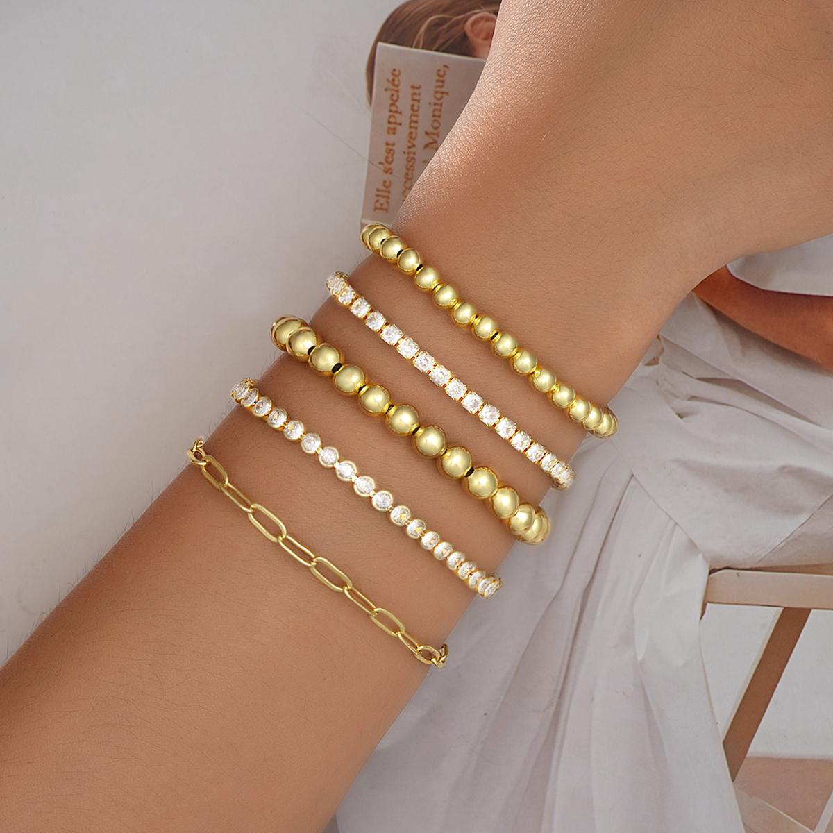 17KM 5PCS 16K Gold Plated Women's Bracelet Set with Sparkling Zircons Trendy Stackable Beaded & Chain Bracelets Non-Tarnish Jewelry for Gifts
