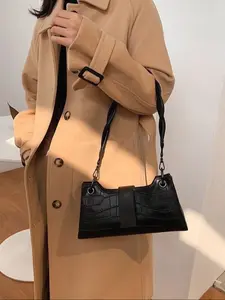 DOVA Crocodile Embossed Leather Baguette Shoulder Bag for Women Crossbody Clutch Braided Strap & Minimalist Buckle Design Compact Capacity Single Shoulder Bag for Daily & Cool Casual Use (11.02" L)
