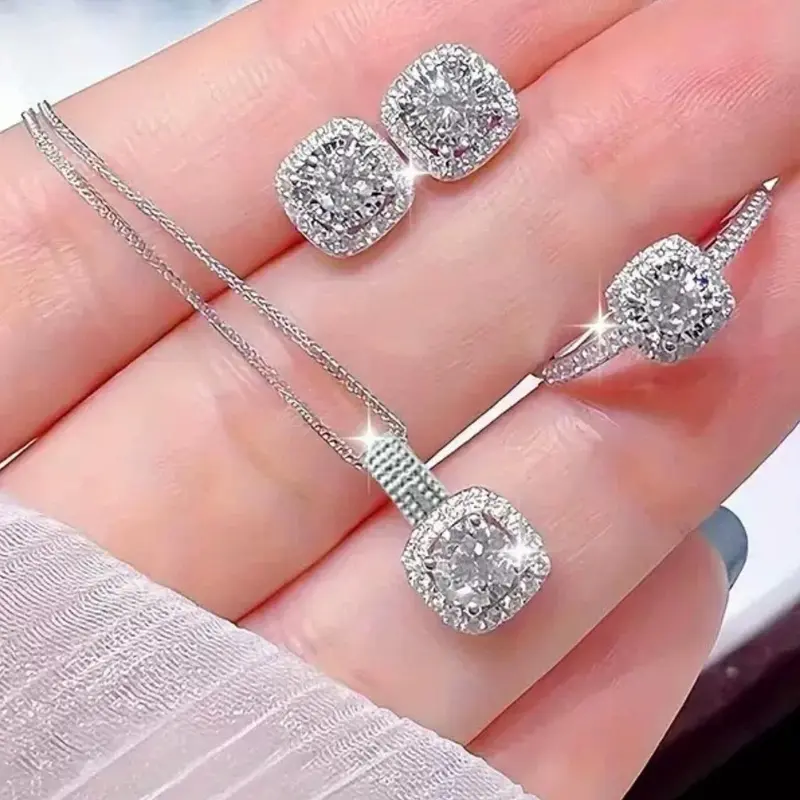 Women's Elegant Square Shaped Pendant Necklace & Earrings & Ring, Necklace And Earring Set, Exquisite Trendy Bridal Wedding Jewelry Maximalist Matching Jewelry Set, Glamour Set, Jewellery Gift Set, Fashionable Accessories for Daily & Party Decoration