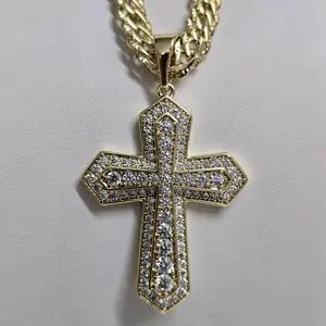 # 0066 Cadena espan̈ola 5mm con dije de cruz adiamantada oro laminado 14k Alta calidad