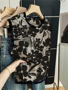 1 piece + Spring/Summer Back-to-School Casual Style Loose Round-neck Sleeveless Knitted Color-Contrasting Dark Blue Edged Black Flower Print Women's Knit Top for Women, to be paired with a jacket, can be worn alone, Floral Pattern Vest
