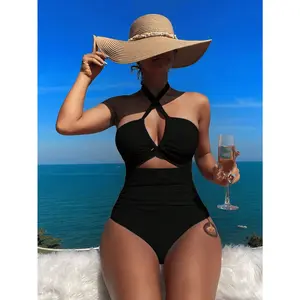 Ladies' cross pleated sexy hanging neck and exposed waist one-piece bikini swimsuit Shapewear for Women