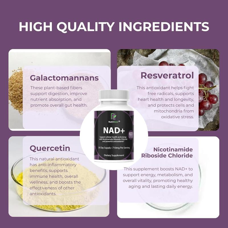 NAD+ Supplement with Nicotinamide Riboside Chloride Resveratrol Quercetin & Galactomannans 710mg 60 Capsules for Cellular Energy & Antioxidant Support Advanced Formula