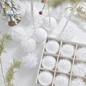 12PcsWhiteChristmasBallOrnamentsSetLaceTrimPlasticBallsTreeHangingDecorforFarmhouseHomeHolidayPartyHolidayBallOrnaments