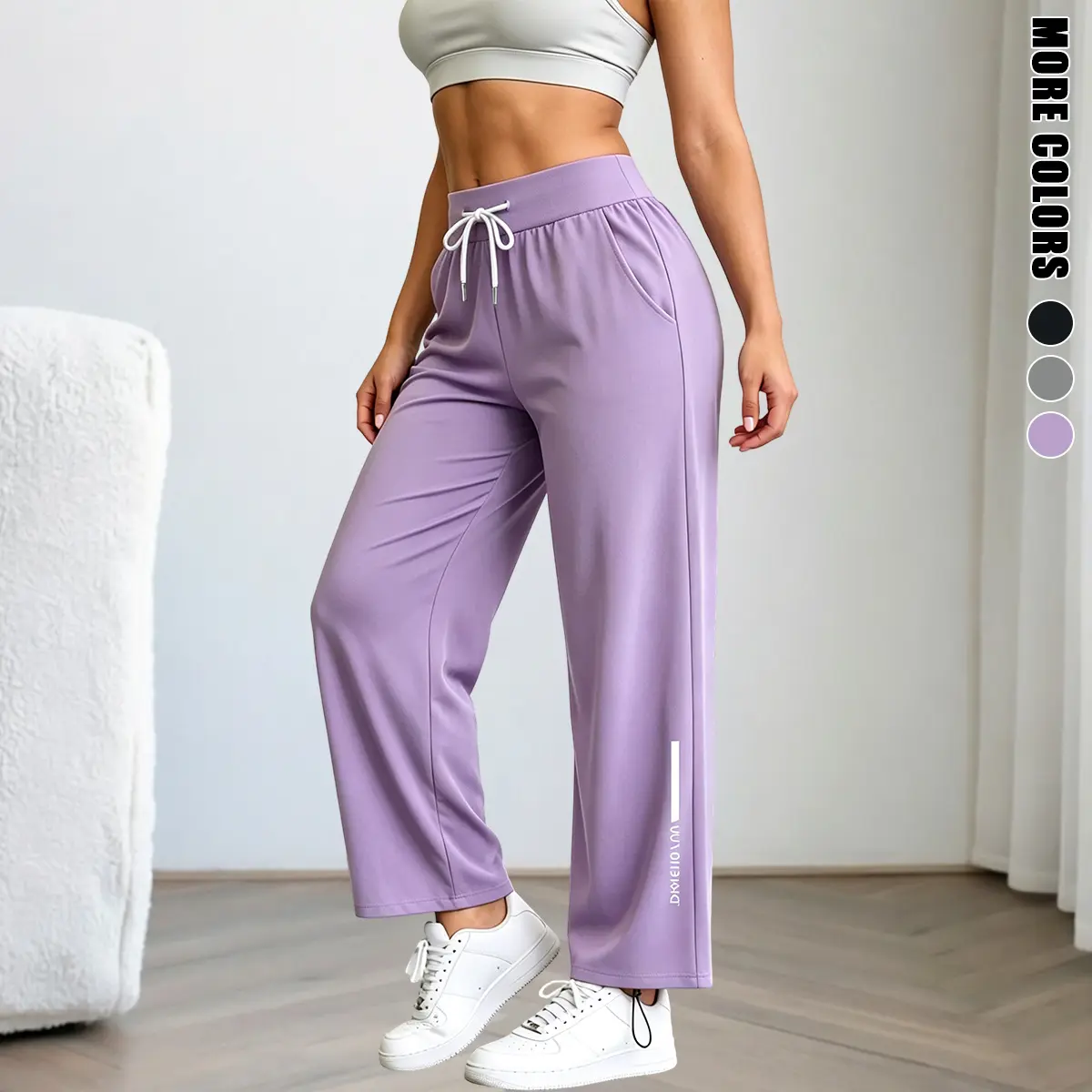 Women’s Wide-Leg Activewear Pants - 50% Polyester 50% Spandex Breathable Stretch Athletic Clothes, Adjustable Drawcord Waist, Loose-Fit Long Bottoms for Lounge, Shopping