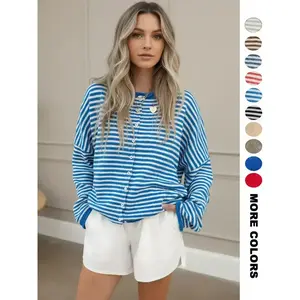 Women’s striped casual long-sleeve loose knit sweater, tops, womenswear, lightweight fall and winter fashion, button front open-front design