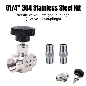 304 Stainless Steel Fittings Set, 1 Needle Valve + 2 Straight Pipes G1/4 Same Diameter, Water Pipe Accessories
