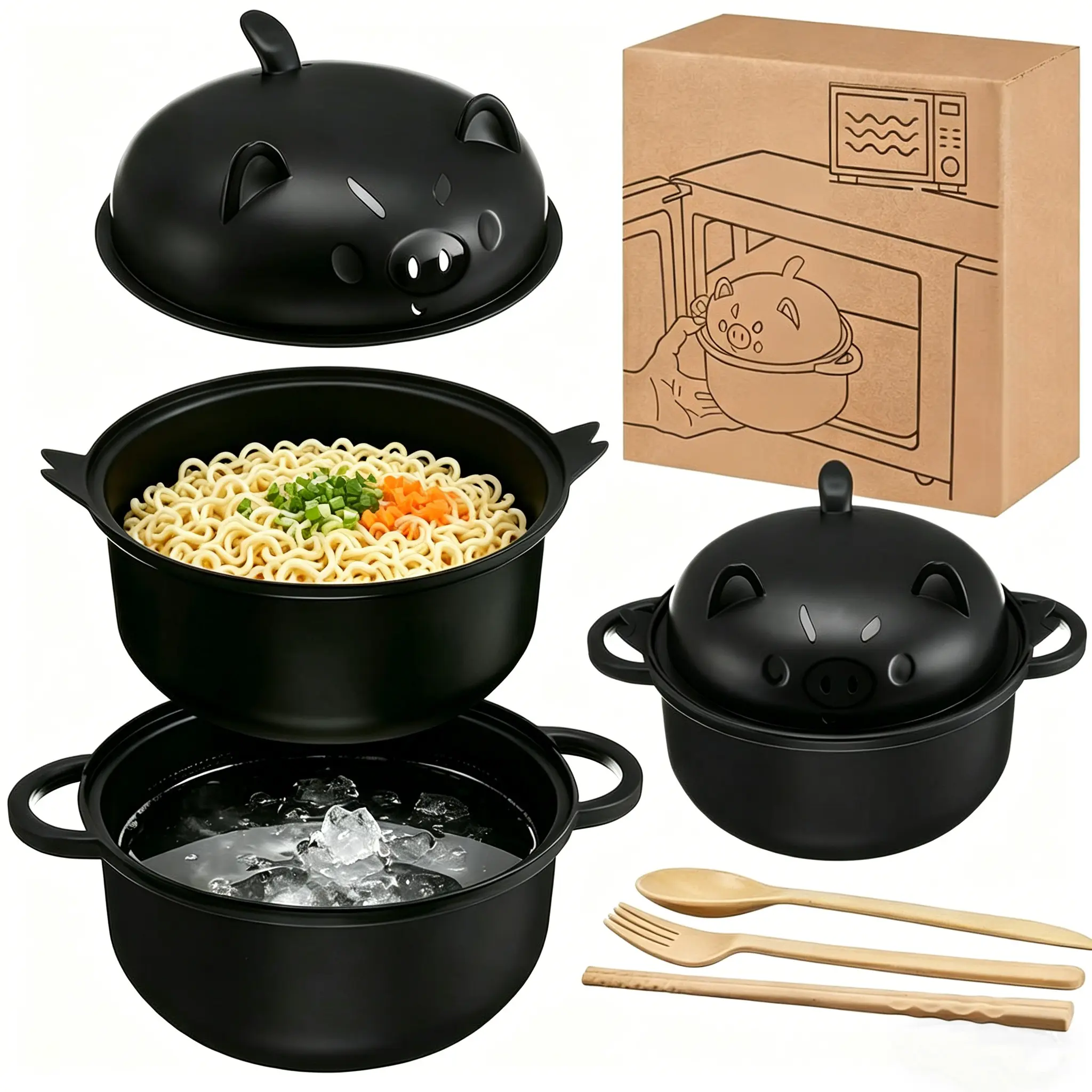 Microwavable 45oz Ramen Noodle  - Pig Ramen Cooker with Strainer Lid and Complete Utensils for College Dorm Kitchenware, Holiday Gifts Bowls