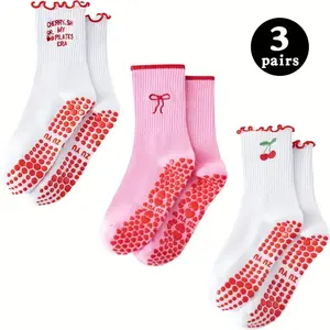 AMLANG Pilates Grip Socks for Women Yoga Grippy Socks Cute Barre Non Skid Athletic Crew Sticky Sock Workout 3 Pairs