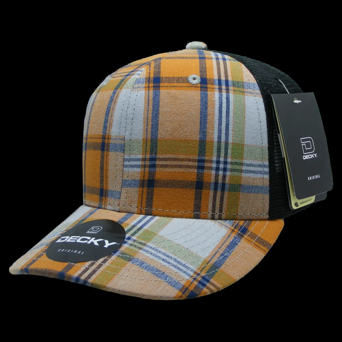 DECKY 212 MAIN Dog & Cat Plaid Trucker Hat - 6018-204 6-Panel Mid-Profile Structured Design with Bill, Snapback, Mesh, Sweatband, 204-Black, 1-Size Fits Most Casual Pet Accessory