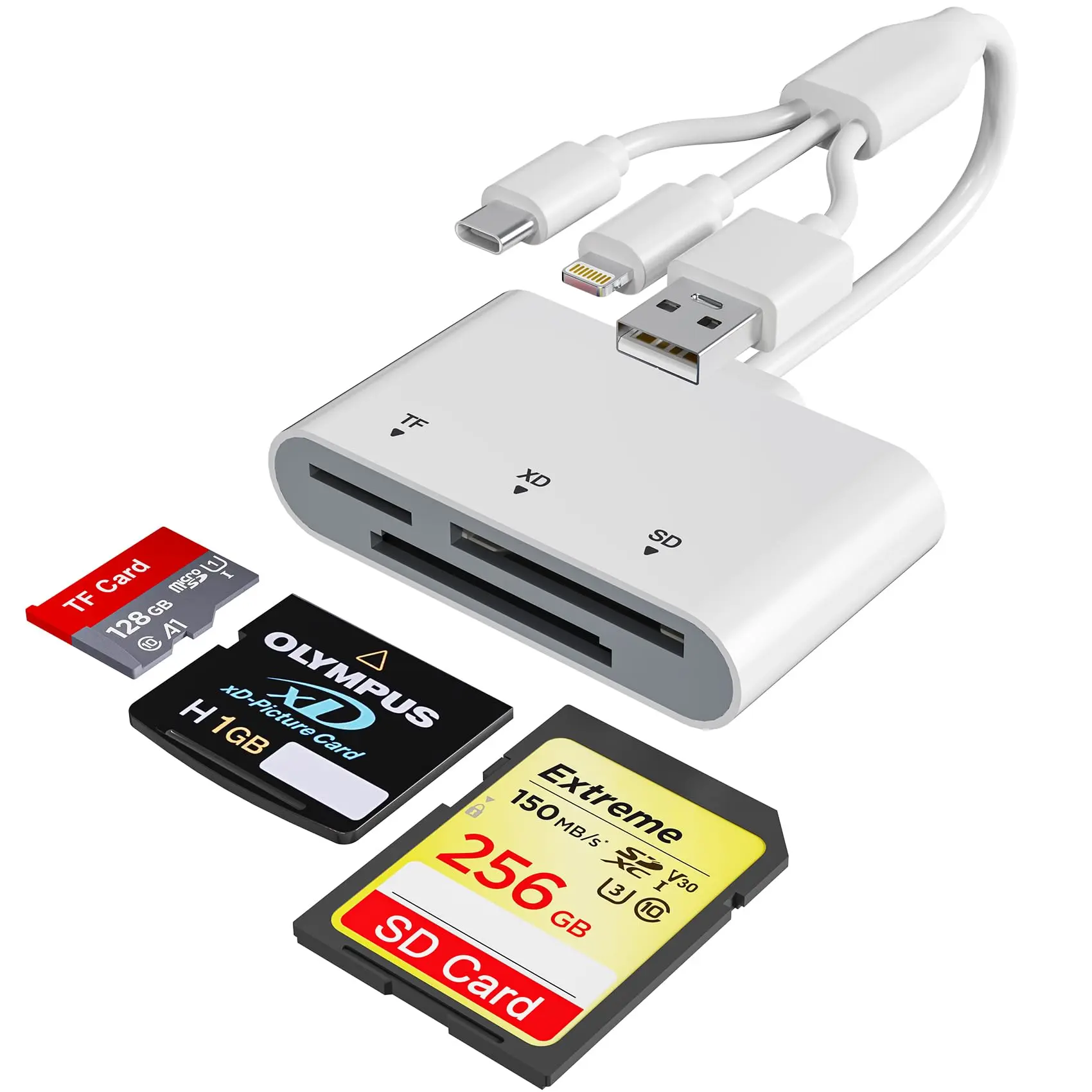 Card Reader Camera — 4-in-1 SD/TF/MS/XD Card Reader, Digital Camera Adapter for Sony Cybershot SD Cards, XD-Picture Card Reader Compatible with Lightning/USB-C/USB-A Ports, Compatible with iPhone/Android/Mac
