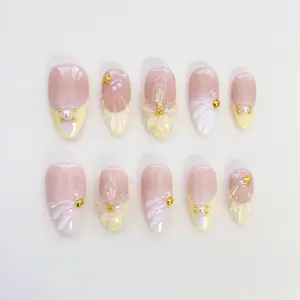 Yellow Floral Press On Nails, Short Almond Elegant False Nails TB1ZIN