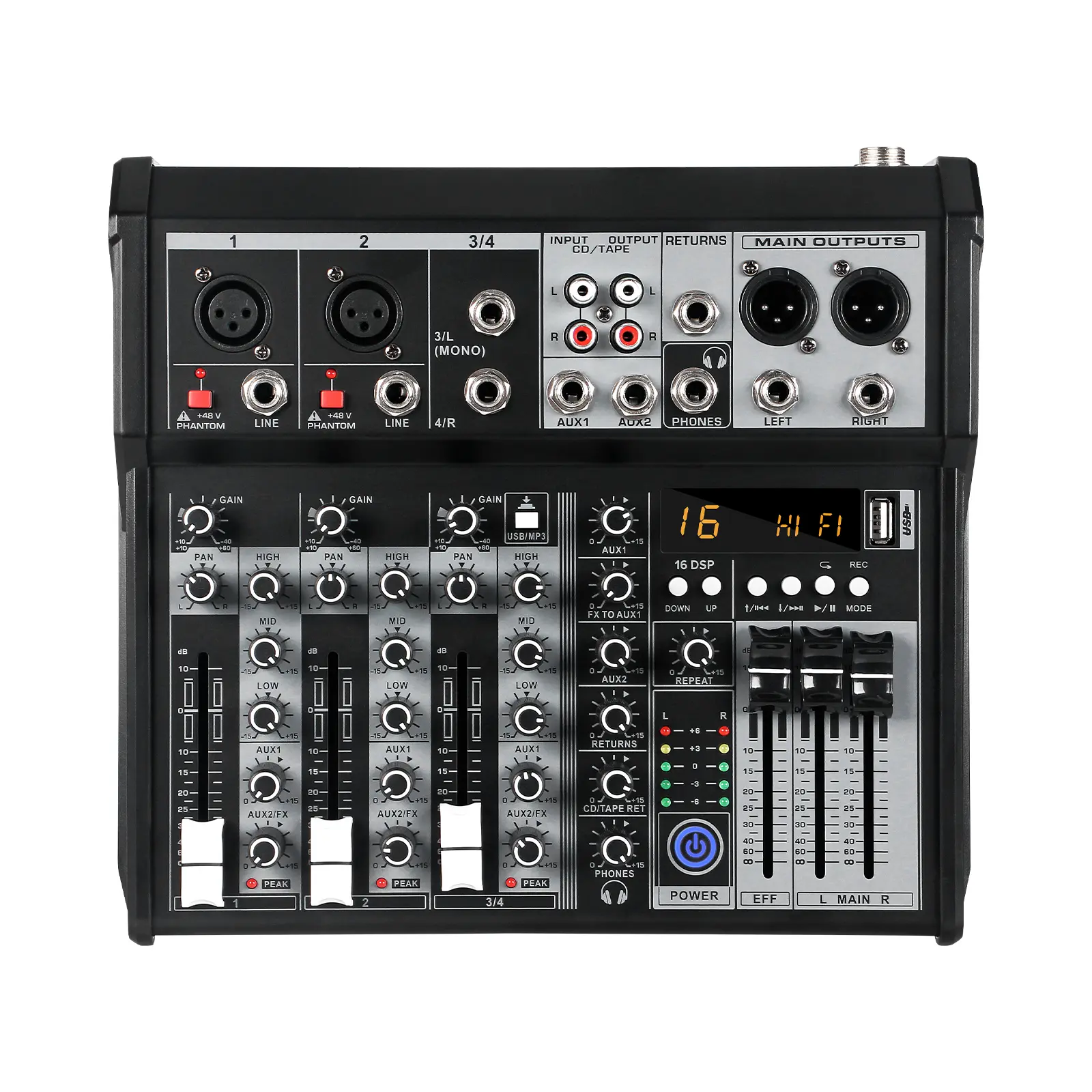 Professional DJ Audio Mixer (4/7 Channels Optional) | Supports USB, MP3, and Computer Inputs, Features 16 Built-in Preset Sound Effects with DSP Technology, Efficiently Adapts to Streaming Recording Scenarios in DJ Studios, Alloy Construction, Live Audio