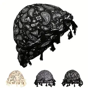 Paisley Print Turban Hat - Unisex African Ethnic Headwear - Breathable Stretch Bag Head Hat - Arab Elastic Beanie Hat With Tassel Detail