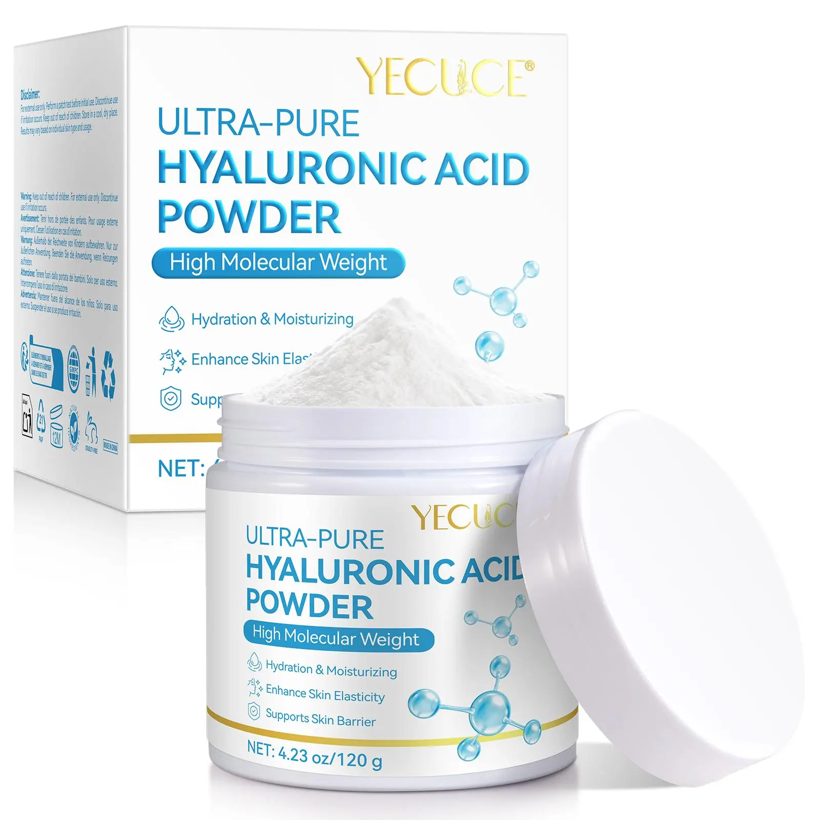 YECUCE Hyaluronic Acid Powder 120g, Deep Hydration Facial Mask Powder, Hydrating Face Mask, Moisture Locking Easy Storage, Convenient Application