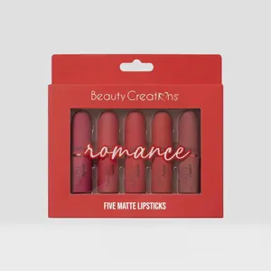 Beauty Creations Romance Five Piece Matte Lipstick Set - Highly Pigmented Sulfate-Free Long-Lasting Matte Finish Includes Sugar Bomb My Cherry Infatuated Angel Get Over It