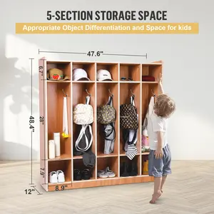 Gaomon-Mobile Kids Cubby Coat Locker, 5-Section Space-Saving Storage Station with 10 Cubbies, 5 Hooks, 2 Storage Boxes and Hidden Wheels, Anti-Scrape Durable Organizer for Preschool, Kindergarten, Daycare & Bedroom