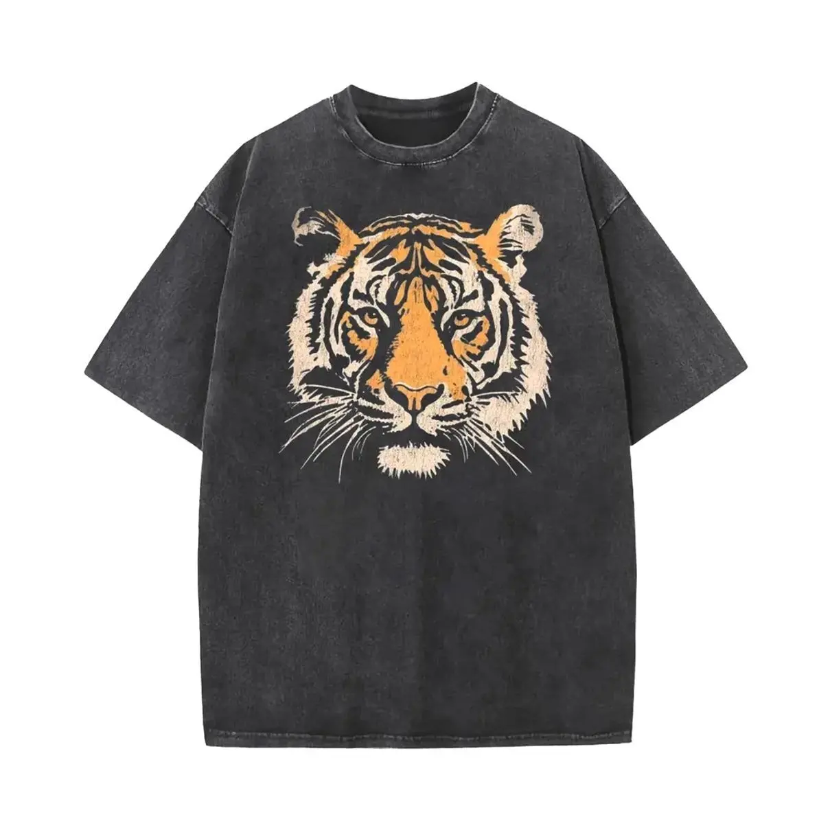 Holafish Unisex Heavy-Weight Cotton "Tiger" Printed T-Shirt Vintage Basic Baggy Tee for Outdoor Travel Street Wear Summer Daily Loose Fit Casual Short Sleeve 6I6