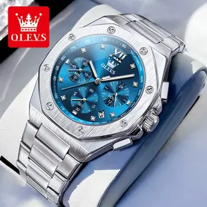 OLEVS Octagon Men's Chronograph Business Watch  Dress Gold Quartz 42MM Case Water Resistant Luminous Date Multifunction Blue Wristwatch 3626