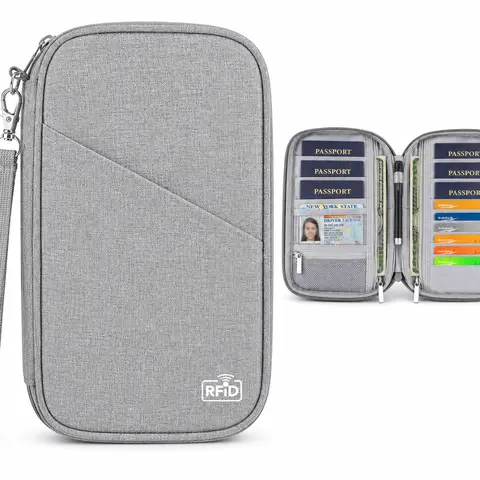 Polyester Rectangle Family Travel Passport Holder - Multi-Compartment Document Organizer Wallet with Zipper Closure, 9x5x0.78 Inches Portable Case, 1 Transparent ID Pocket for Boarding Passes, Credit Cards (Men & Women Vacation Essential)