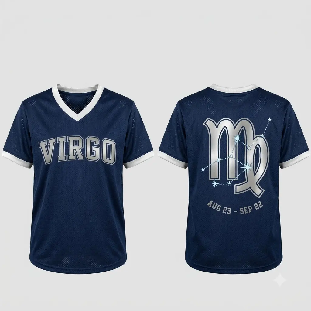 VIRGO | Navy Zodiac V-Neck Soccer Jersey Shirt - Unisex Athletic Varsity Top with Silver Constellation Graphic, Fabric Tee, 12 Horoscope Signs Gift for Men Women