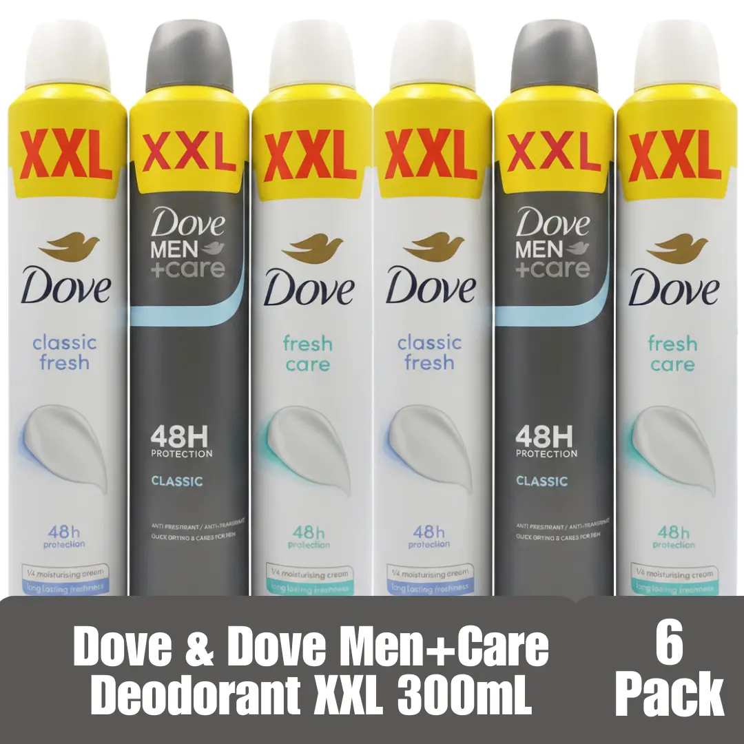 Dove Antiperspirant Spray Deodorant 48H Protection, XXL 300mL, 6-Pack Variety