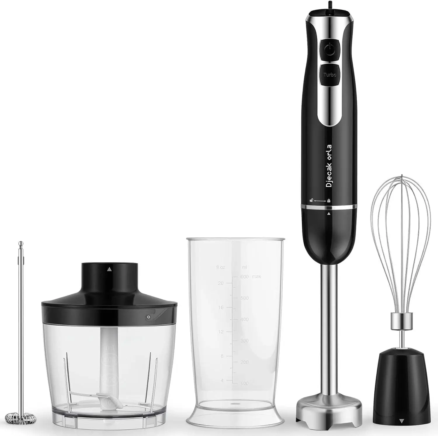 1100W 5-in-1 Immersion Handheld Blender Black, 20 Speed Turbo Stick Blender 15,500 RPM, Includes Whisk, Milk Frother, 500ml Chopper & 600ml BPA-Free Beaker