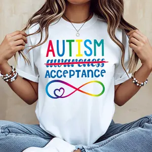 Autism Awareness Acceptance Rainbow Infinity Symbol Print Tshirt Casual Loose Fit Tee For Autism Support And Advocacy Events