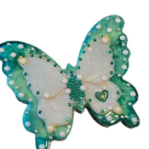 Resin Butterfly Teal & White With Glitter And Goldtone Accents, Rhinestones