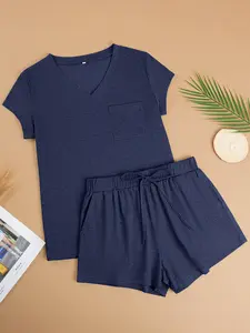 Pajama Sets for Women 2 Piece Summer Lounge Wear Short Sleeve Casual V Neck Pjs and Shorts Set with Pockets
