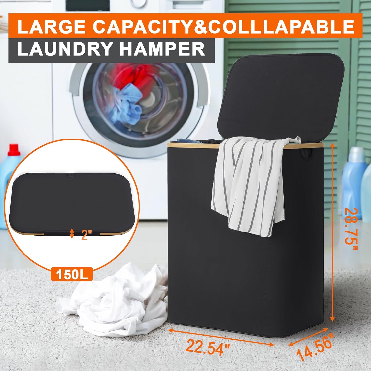 Garprovm Double Laundry Hamper with Lid 150L Large Laundry Basket with Bamboo Handles Foldable Clothes Hampers with 2 Removable Liner Bags for Laundry for Bedroom, Bathroom, Dorm, Laundry Room,Black