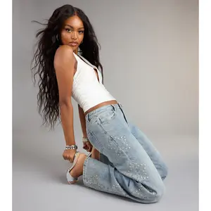 Starry Eyed Studded Wide Leg Denim Jeans
