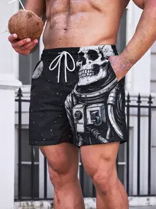 Men’s fashion beach pants with an elastic waistband, all-over space skeleton astronaut design, loose fit, durable men’s beach shorts, comfortable breathable summer shorts suitable for sports, casual wear, and everyday commuting.