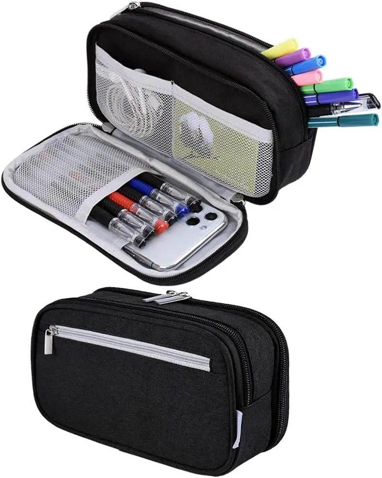 Big Pencil Case Large Capacity Pencil Bag Pouch 3 Multi Comparments High Storage Pen Holder Marker Holder Portable Office Stationery Organizer Supplies Makeup  Bag Men Women (Black)