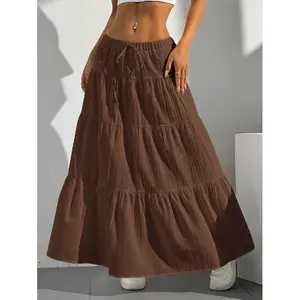 Ciel Fashion Women's Solid Color Elastic Waist Tie Casual Long A-Line Flared Skirt