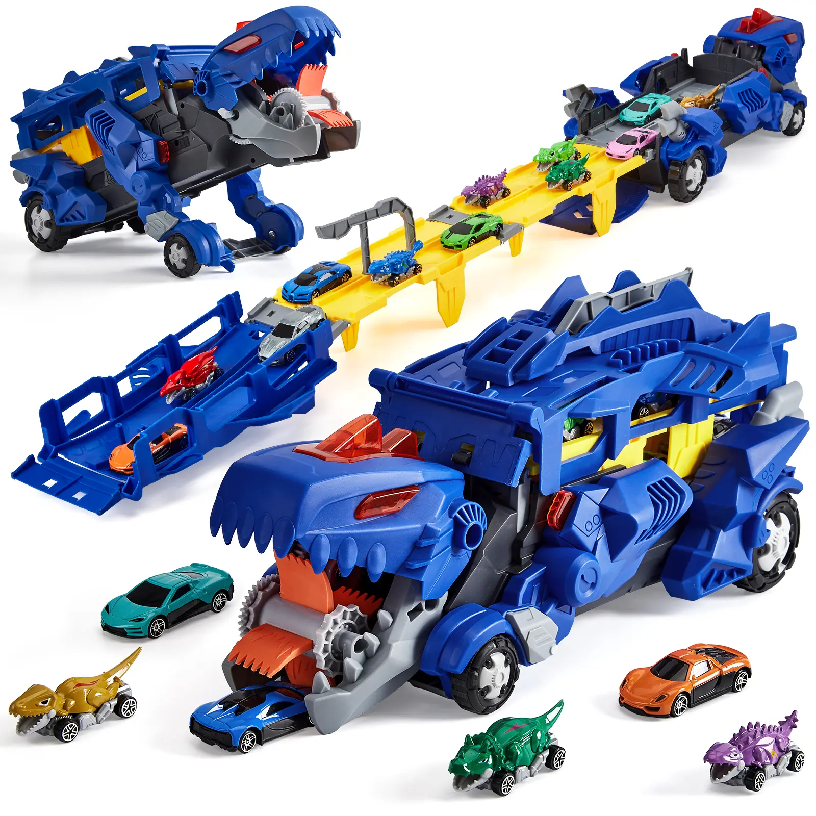 Garvee Hot Wheels, 4-in-1 Dinosaur Transporter Hot Wheels Tracks Toy, 44.3 Inch Dual Lane Hotwheels Car Ramp, Foldable Storage Hotwheels Track Set Design,  Portable Play, 12 Cars