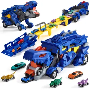 Garvee Hot Wheels, 4-in-1 Dinosaur Transporter Hot Wheels Tracks Toy, 44.3 Inch Dual Lane Hotwheels Car Ramp, Foldable Storage Hotwheels Track Set Design,  Portable Play, 12 Cars