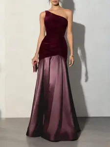 Women's Velvet Patchwork Maxi Dress, Elegant Sexy Asymmetrical Neckline A-Line Evening Gown Formal Wear, Sleeveless Party Prom Date Dresses