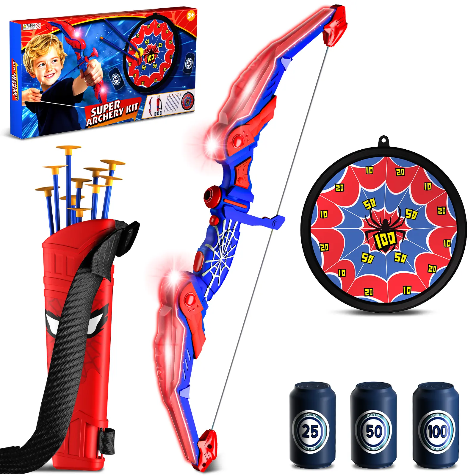 Spider-Themed LED Bow & Arrow Toy Set for Kids, with Arachnid Quiver, Web Target, 8 Suction Cup Arrows, Outdoor Sports & Play Toy, Ideal Gift for Boys Ages 3+ (8-12), Toys For Kids