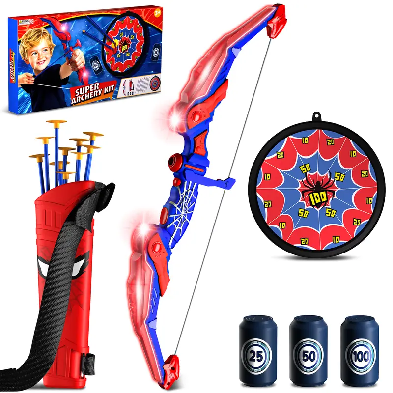 Spider-Themed LED Bow & Arrow Kids Toy Set - Ergonomic Design, LED Lights, Arachnid Quiver, Web Target, 8 Suction Cup Arrows - Creative Play Toy for Boys 3+ (8-12) - Cool Gifts for Kids