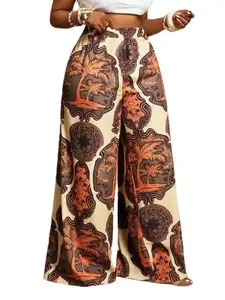 Women's Plus Size Loose Long Pants, Multicolor Print Design, Bohemian, Casual Daily Wear, Ideal for Vacation and Beach Party, Womenswear, Boho, Trouser