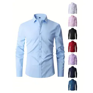 Solid Color Men's Business Slim Fit Long Sleeve Button Up Shirt, Spring Fall Formal Wear, Gift For Men