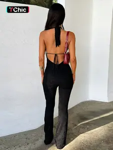 Women's Solid Backless Deep V Neck Tie Back Fit Jumpsuit, Casual Fashion Sleeveless Plunge Neck Jumpsuit for Daily Wear, Ladies Clothes for All Seasons