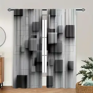 2-Piece Block Print Curtains, Interior Decoration Accessories, Stylish Rod Pocket Window Drapes for Bedroom & Living Room, Comfortable Atmosphere, Easy Installation