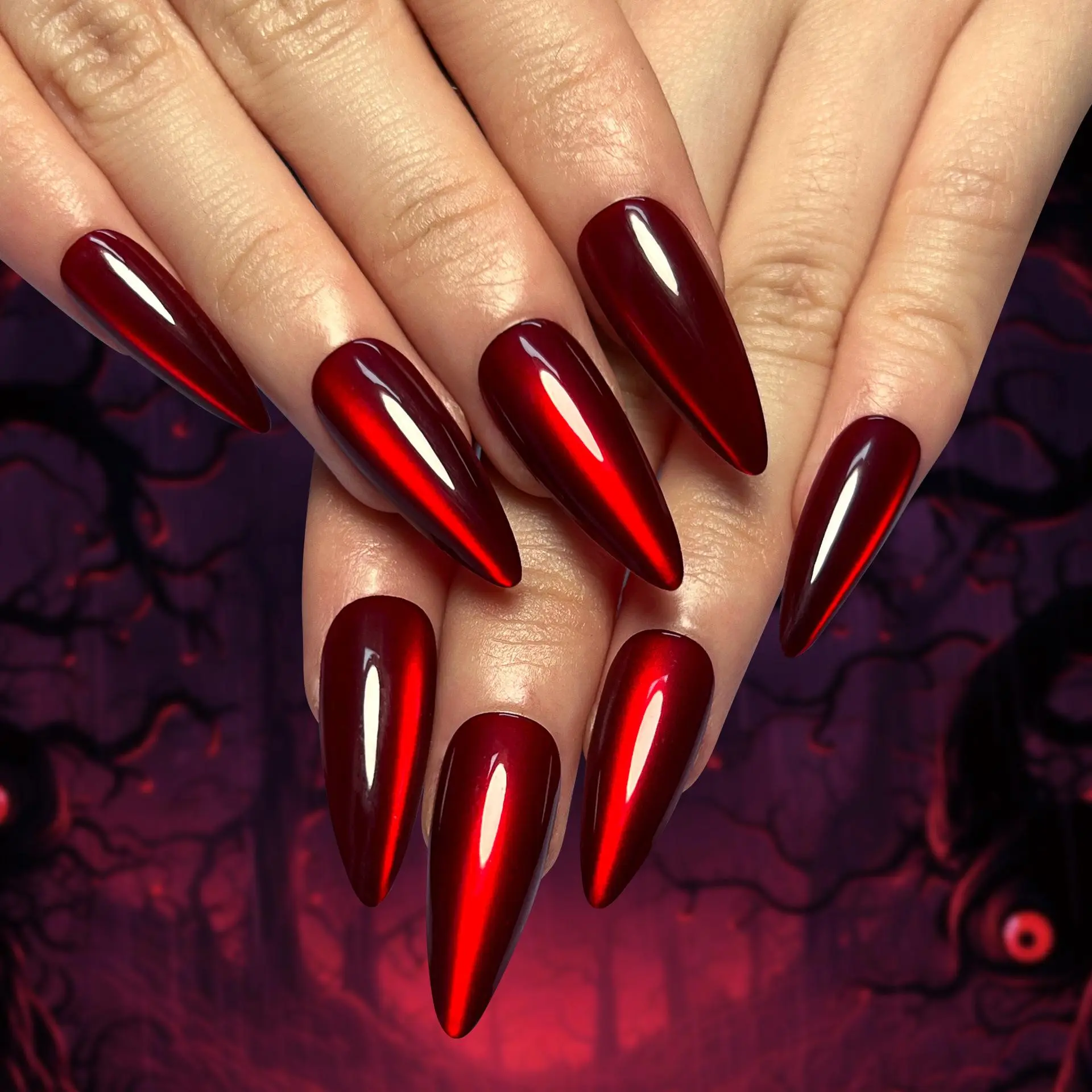 Red Cat Eye Stone Fake Nails with Nail File & Tape & Stick, 30pcs/box Reusable False Nails for Women & Girls DIY Nail Art, Effortless Press on Nails Manicure Set, Unique Vampire Nails for Nail Extensions