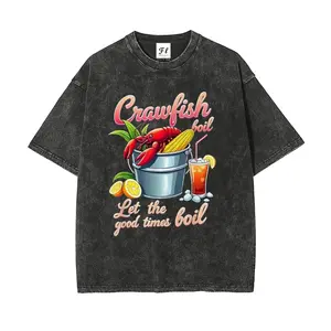 Crawfish Boil Graphic Tee, Women's Vintage Mineral Wash Short Sleeve T-Shirt, Let The Good Times Boil Retro Summer Top, Acid Wash Cotton Graphic T-Shirt